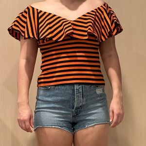 Orange and black unique vintage striped off the shoulder Frenchie top